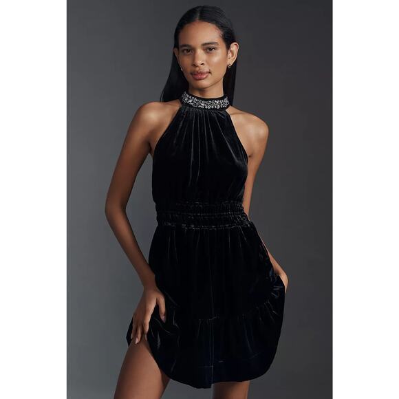 NWT Anthropologie The Somerset Mini Dress Velvet Halter Edition $168 SMALL Black - Picture 1 of 4
